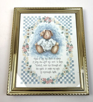 Nursery Nighttime Prayer Framed 9 x 11 Bunny Rabbit Blue Pink Baby Gift